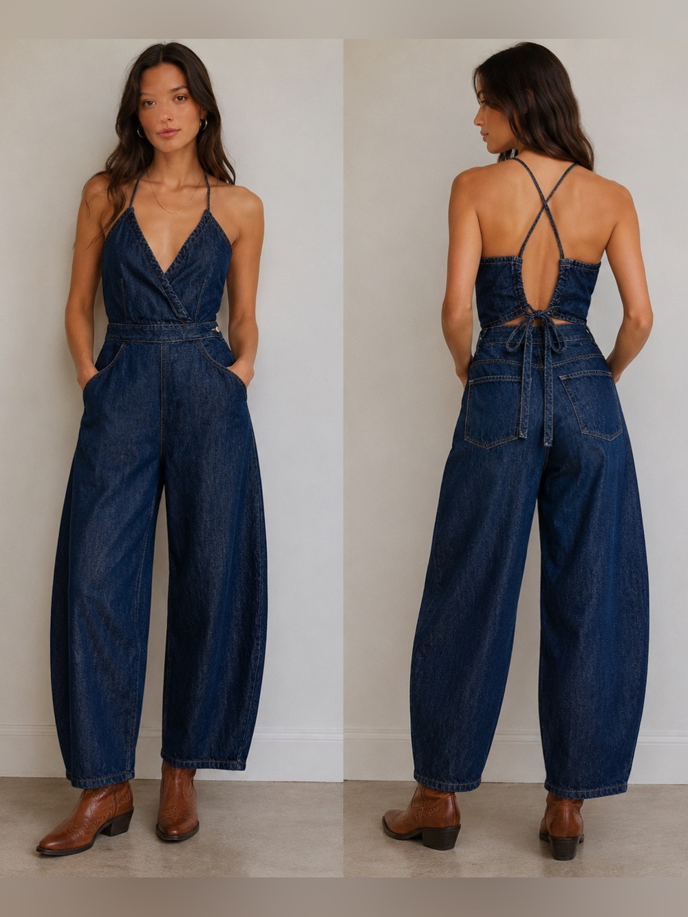 Etica Birdie Denim Open Back Barrel Wide Leg Jumpsuit XS Open Wrap Tie Back